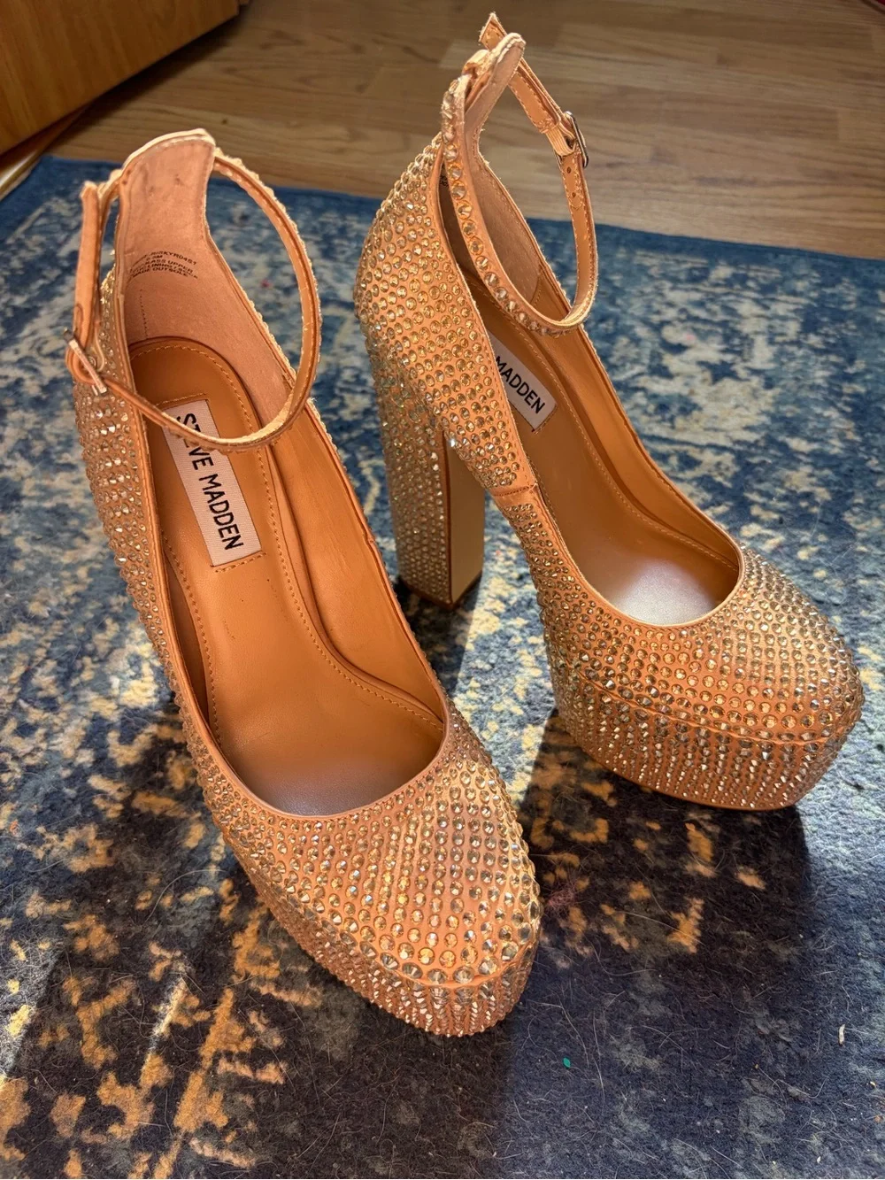 Steve Madden Skyrise Nude Crystal Platform Ankle-Strap Pumps